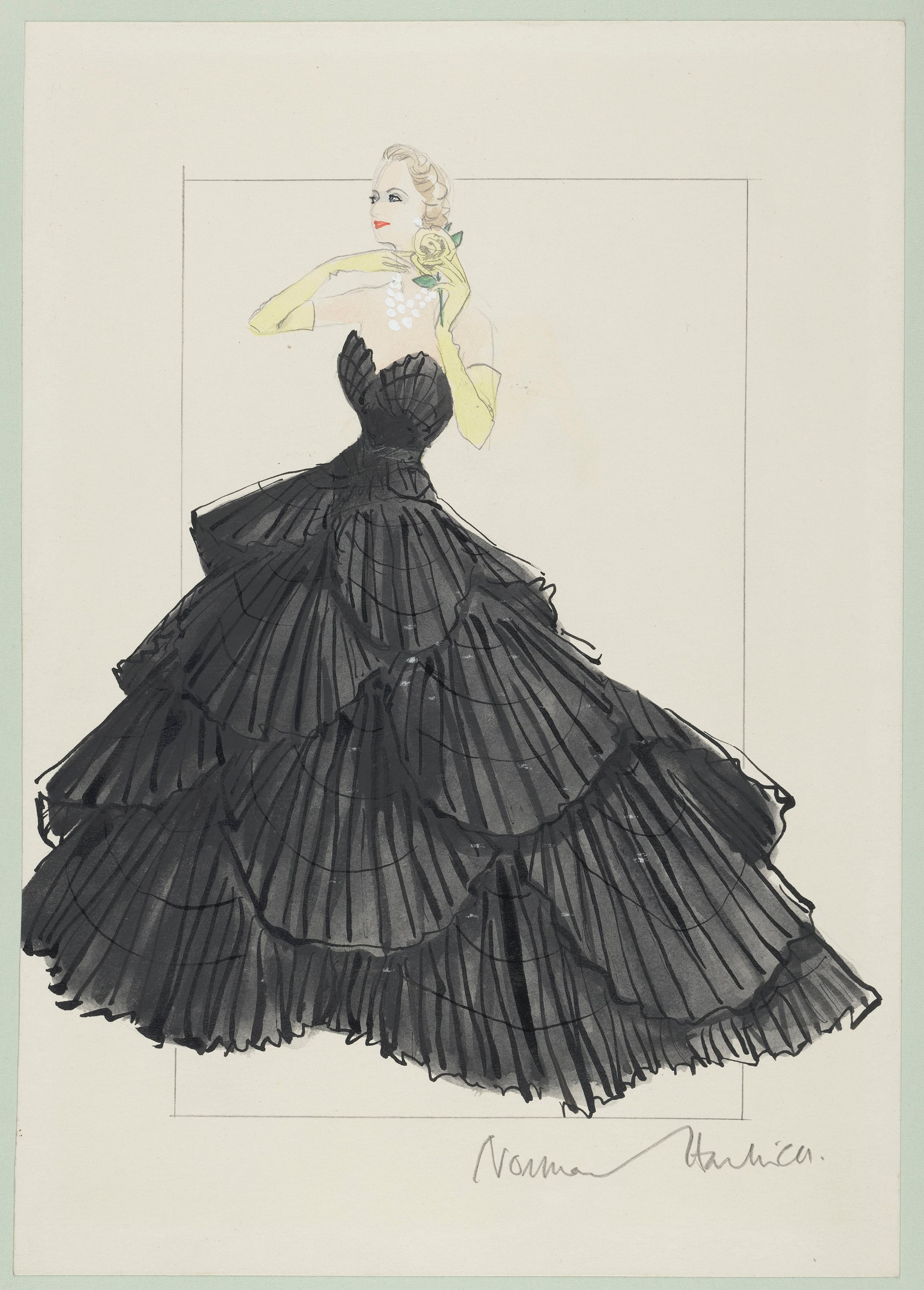 Sketch for a black taffeta evening gown by Norman Hartnell (RCIN 935500). A sketch of a person wearing a black dress.