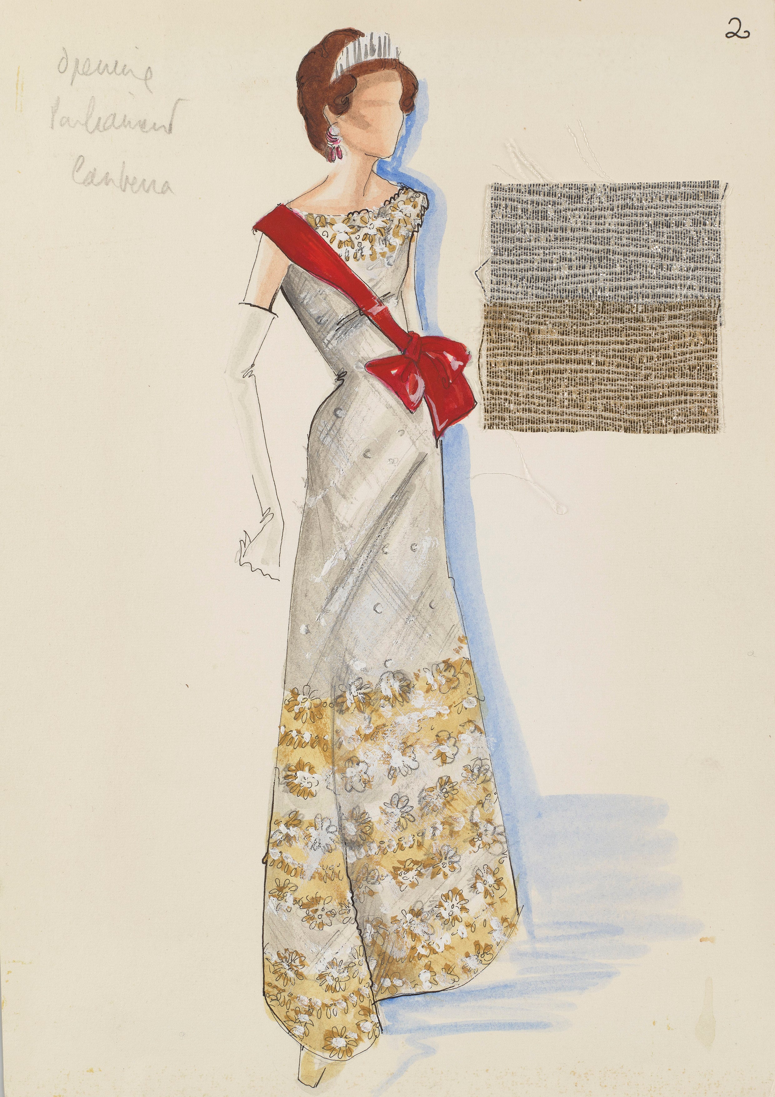 Illustration for a silver lamé beaded shift dress worn during a State Visit to France in 1972, Norman Hartnell. Illustration for a silver lamé beaded shift dress.