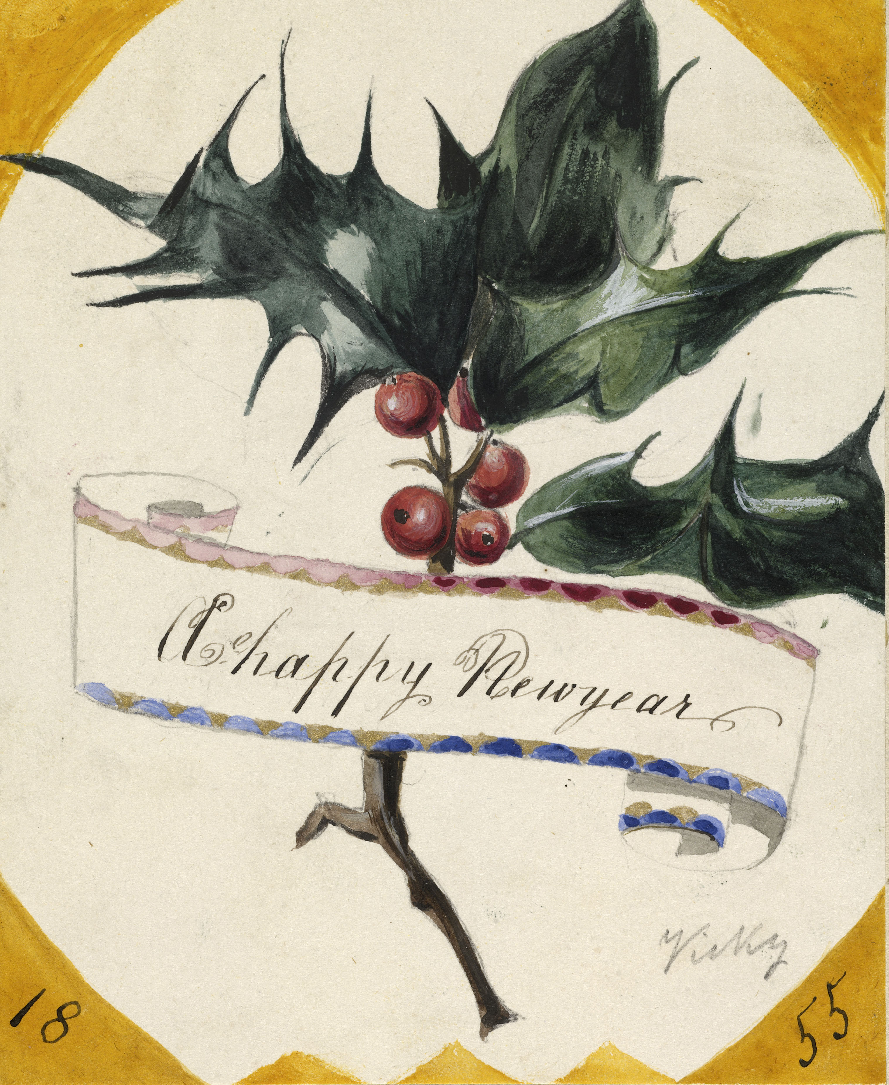 Handmade New Year's card from Queen Victoria's daughter Victoria 'Vicky', Princess Royal (RCIN 981306.ak) Hand drawn Christmas Card