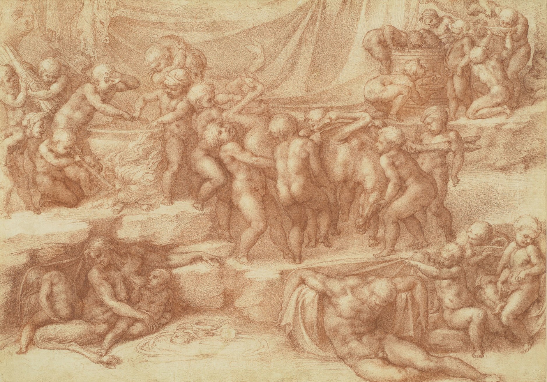 A Children's Bacchanal, 1533 (RCIN 912777) Red chalk drawing of A Children's Bacchanal by Michelangelo.