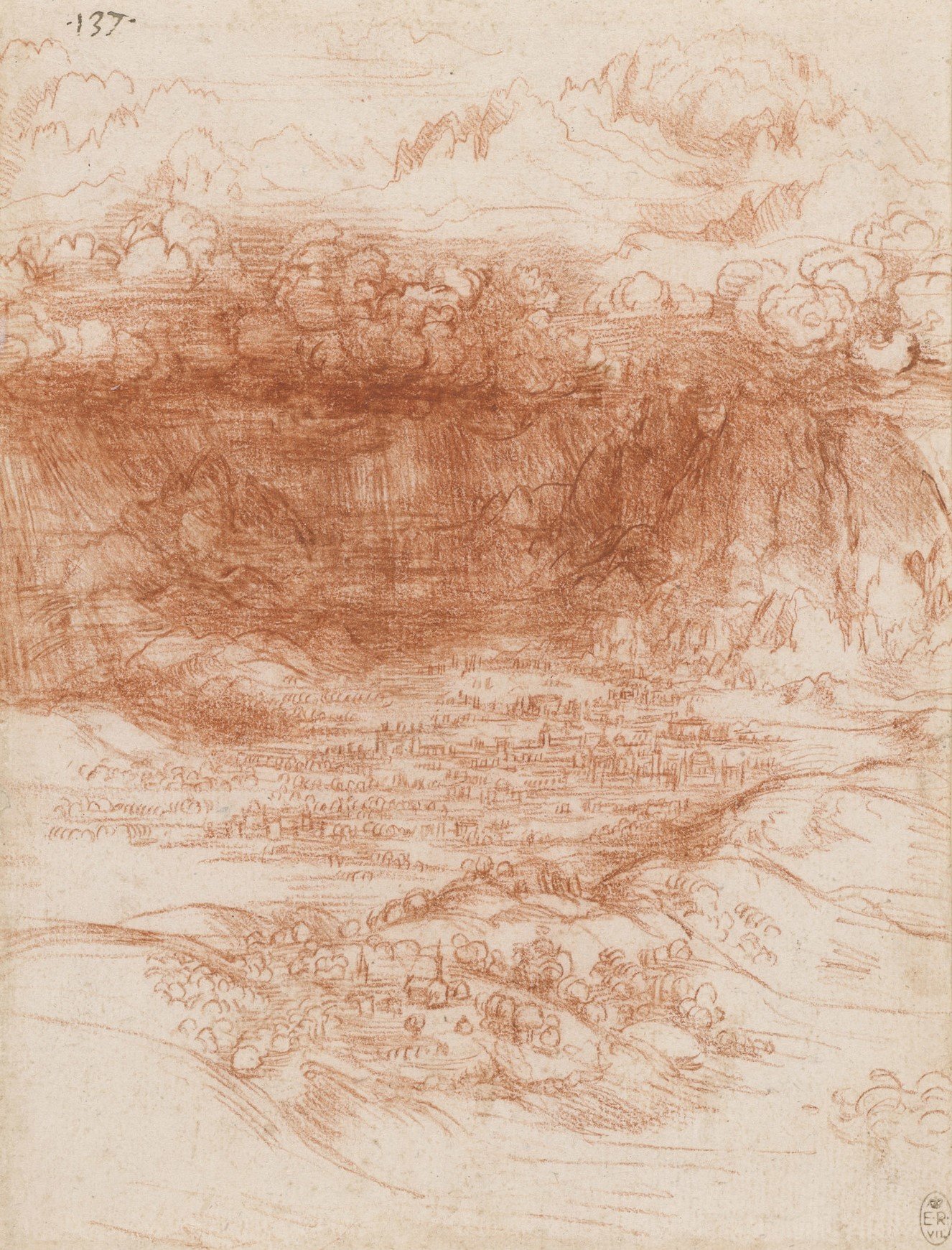 Red chalk drawing of a storm over the valley by Leonardo da Vinci.