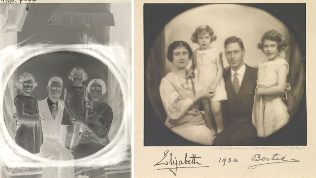 Left: Marcus Adams, gelatin dry plate negative of the Duke and Duchess of York, Princesses Elizabeth and Margaret Rose of York, 7 November 1934 (RCIN 2140454). Right: the resulting silver gelatin print (RCIN 2108311) Marcus Adams's gelatin dry plate negative (right) of the Duke and Duchess of York, Princesses Elizabeth and Margaret Rose of York and the resulting silver gelatin print (right).