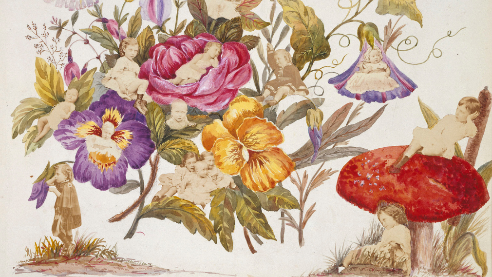 Queen Alexandra, Collage design by Alexandra, Princess of Wales, with photographs of Royal children, 1866-69 (RCIN 2300115) A collage design of flowers and a toadstool painted by Queen Alexandra (1844-1925) when Alexandra, Princess of Wales, including a montage of 15 photographs of her four eldest children.
