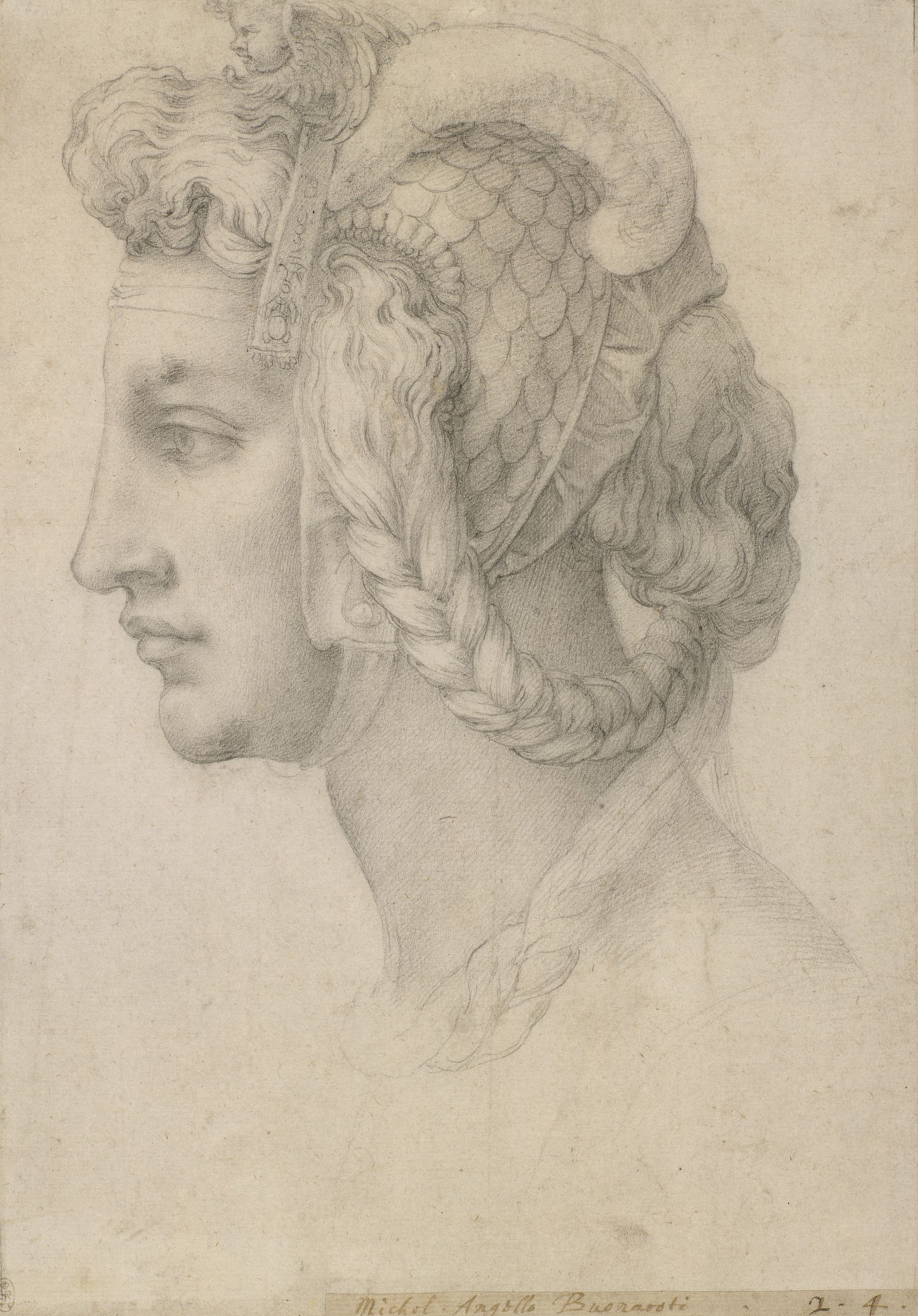 Black chalk drawing of an ideal female head, after Michelangelo. 