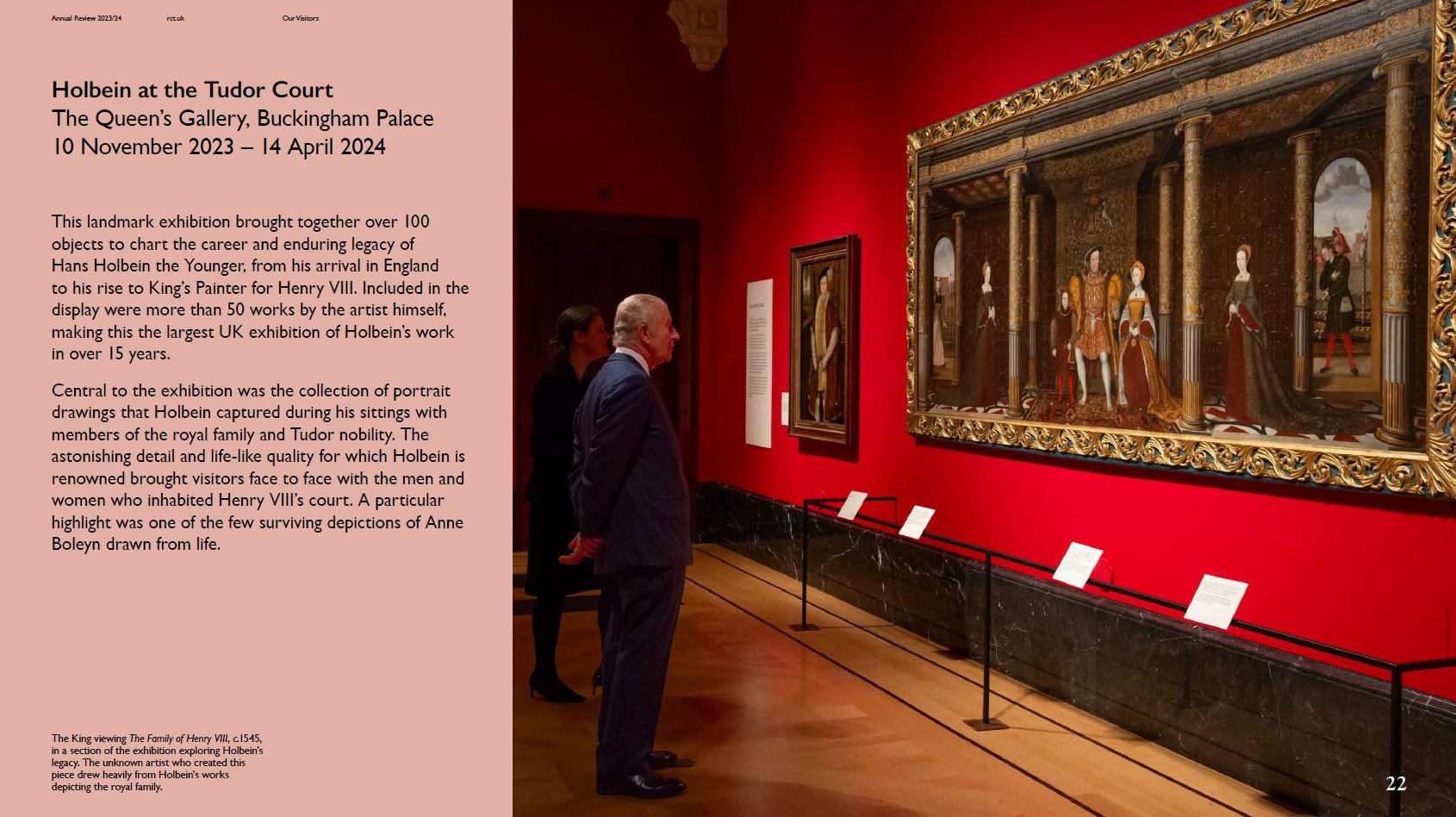 Annual report page about 'Holbein at the Tudor Court', featuring a photo of HM The King viewing the exhibition.