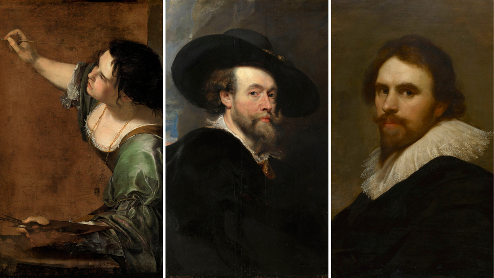 A Self-Portrait as the Allegory of Painting by Artemisia Gentileschi (left), a self-portrait by Sir Peter Paul Rubens, and a self portrait by Daniel Mytens.