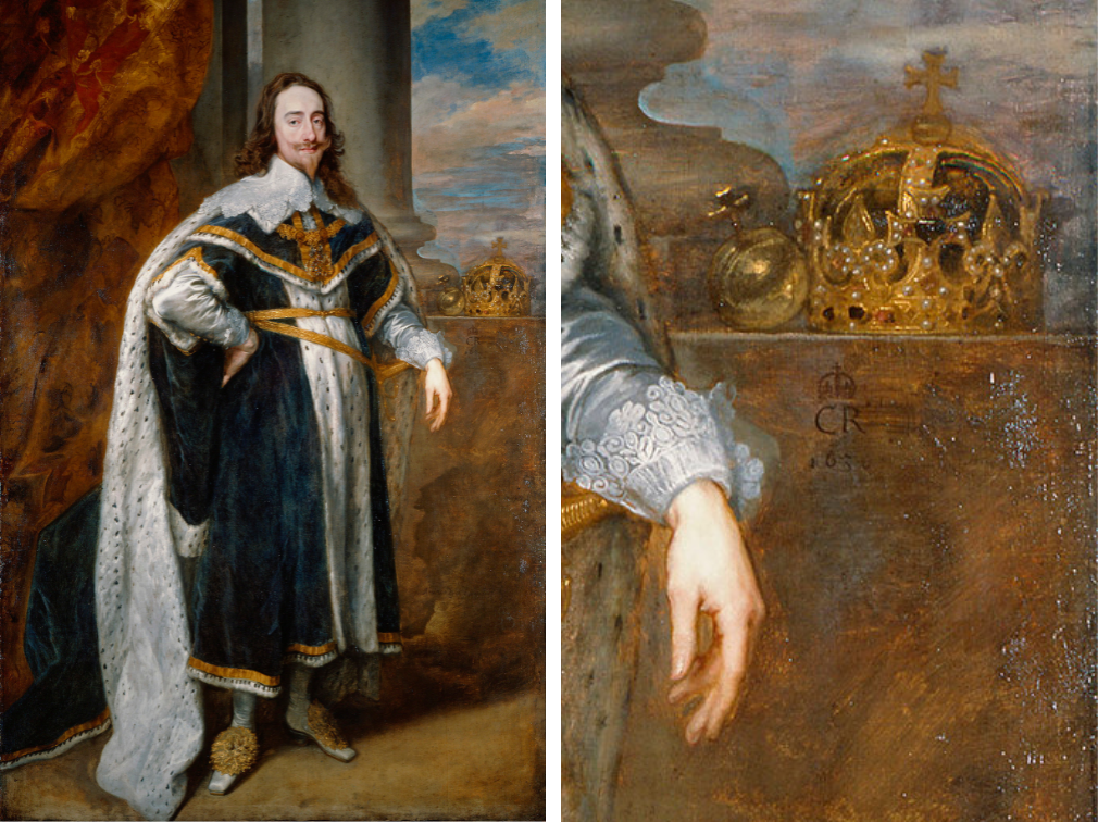 Portrait painting of Charles I. The king is shown virtually full-face, motionless and composed, dressed in ermine-lined robes with the orb and sceptre clearly visible.