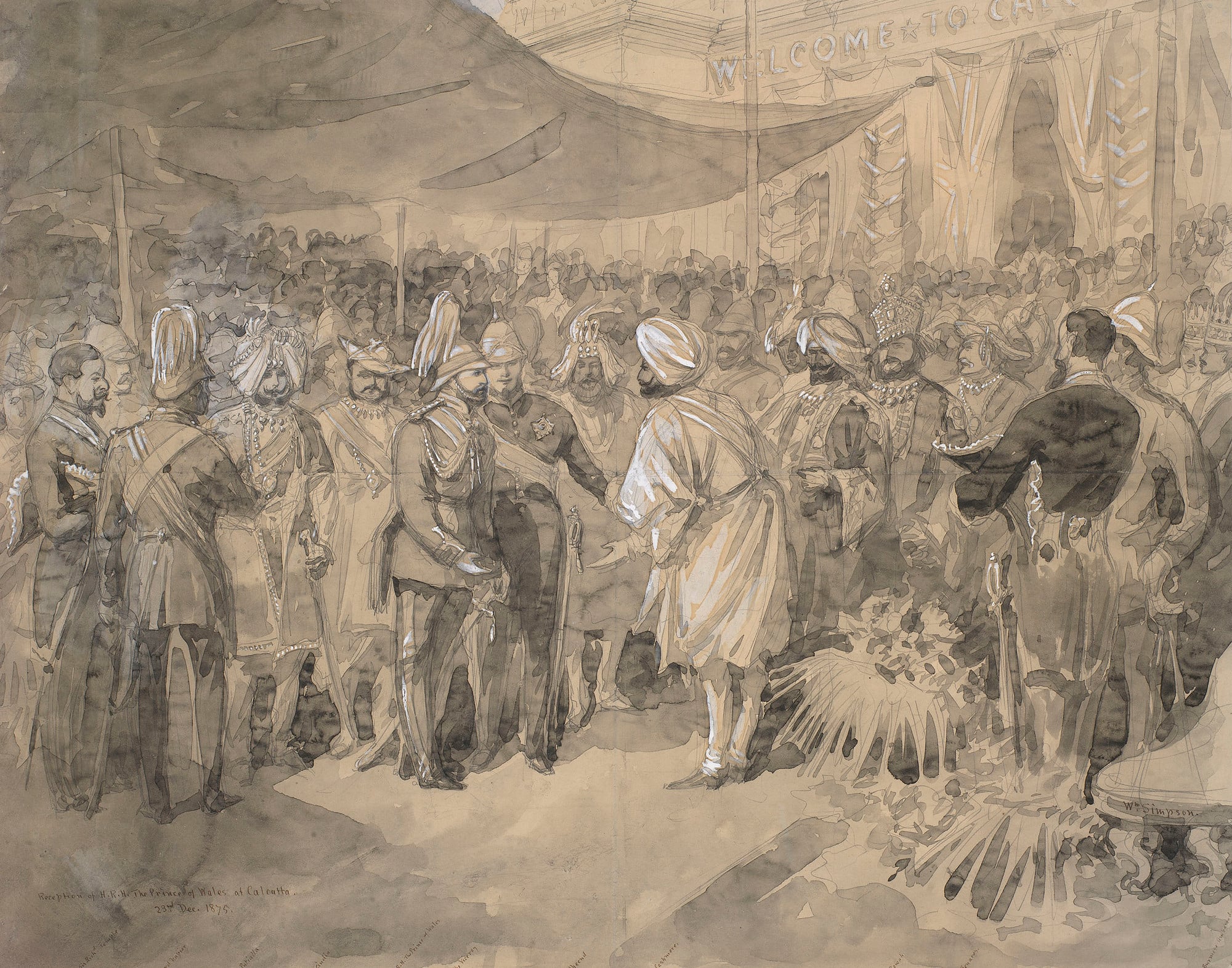 A pencil and wash drawing depicting Albert Edward, the Prince of Wales, at reception held in his honour on his arrival in Calcutta on 23 December 1875. 
