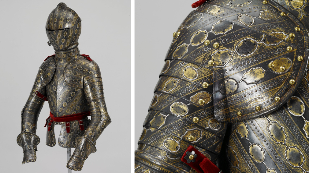 Foot-combat armour of Prince Charles, 1615 (RCIN 67275) Steel foot-combat armour for a boy, featuring silver and gilt damascened and incised decoration.