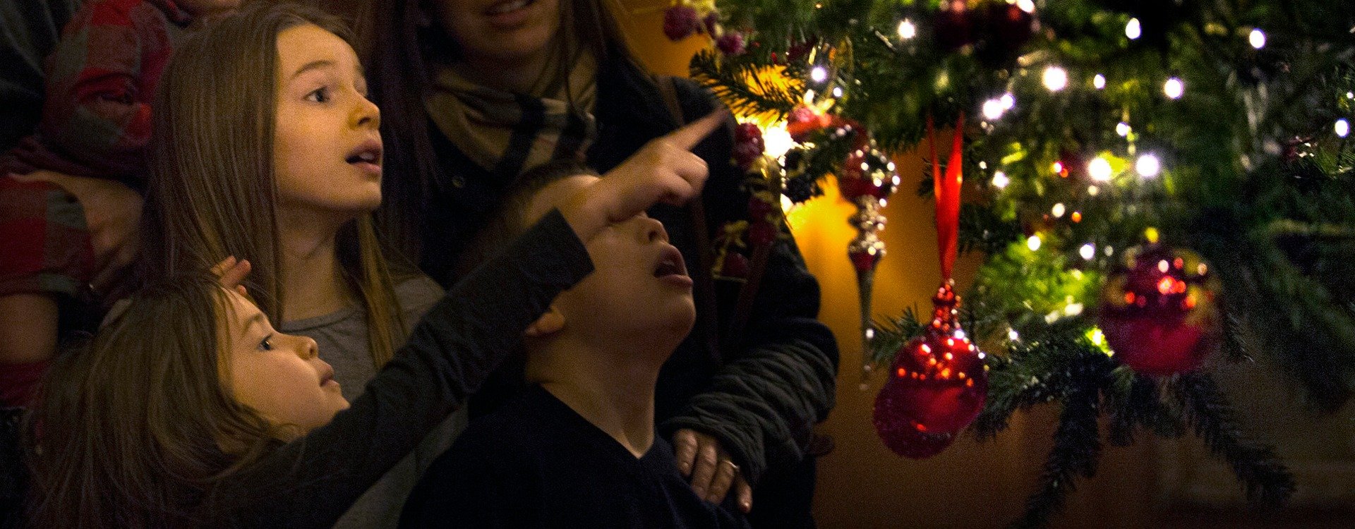 Children looking at decorations on a Christmas tree