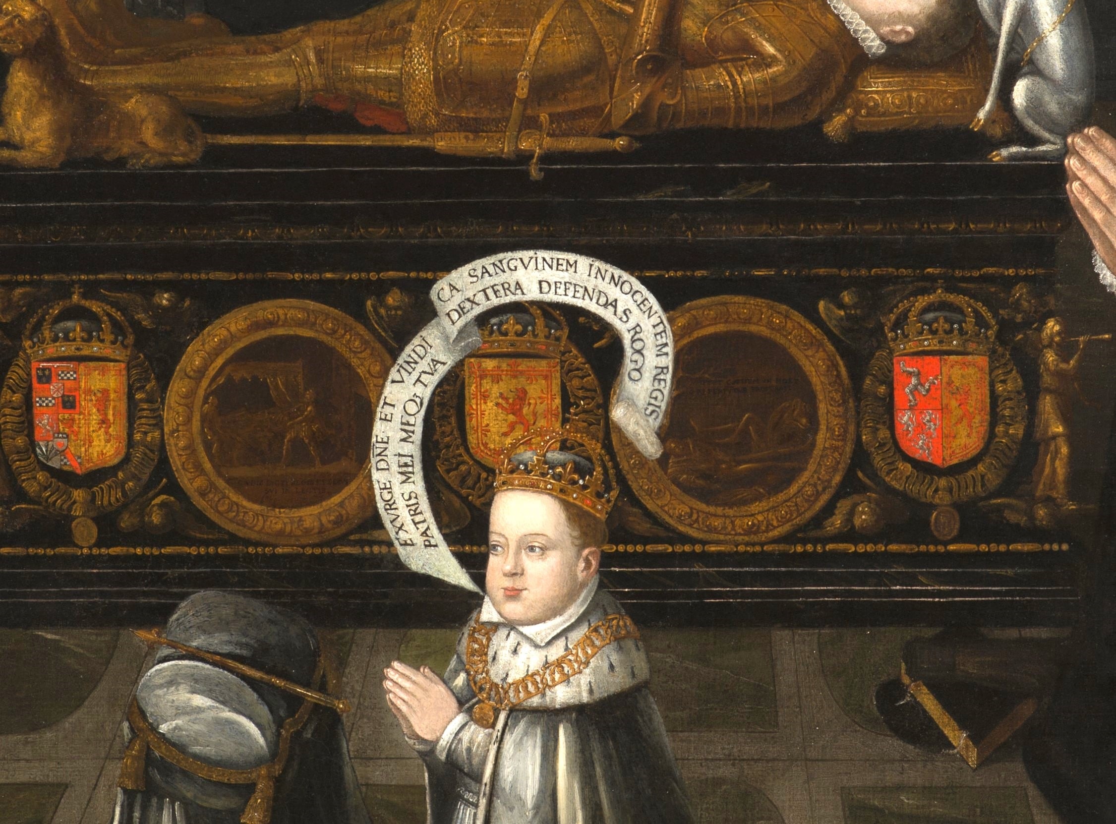 Livinus de Vogelaare, The Memorial of Lord Darnley (detail), 1567 (RCIN 401230) A close-up of the two reliefs in the Memorial of Lord Darnley painting.
