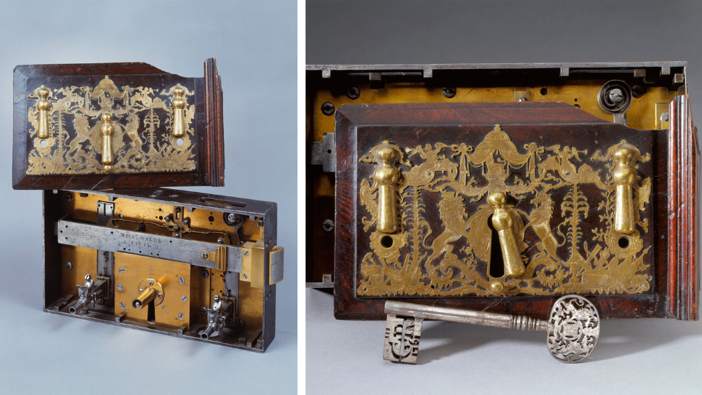 William Walls, Door lock, 1761 (RCIN 61078) Door lock with two flintlock pistols combined in a black painted iron case with Royal coat of arms forming ward.