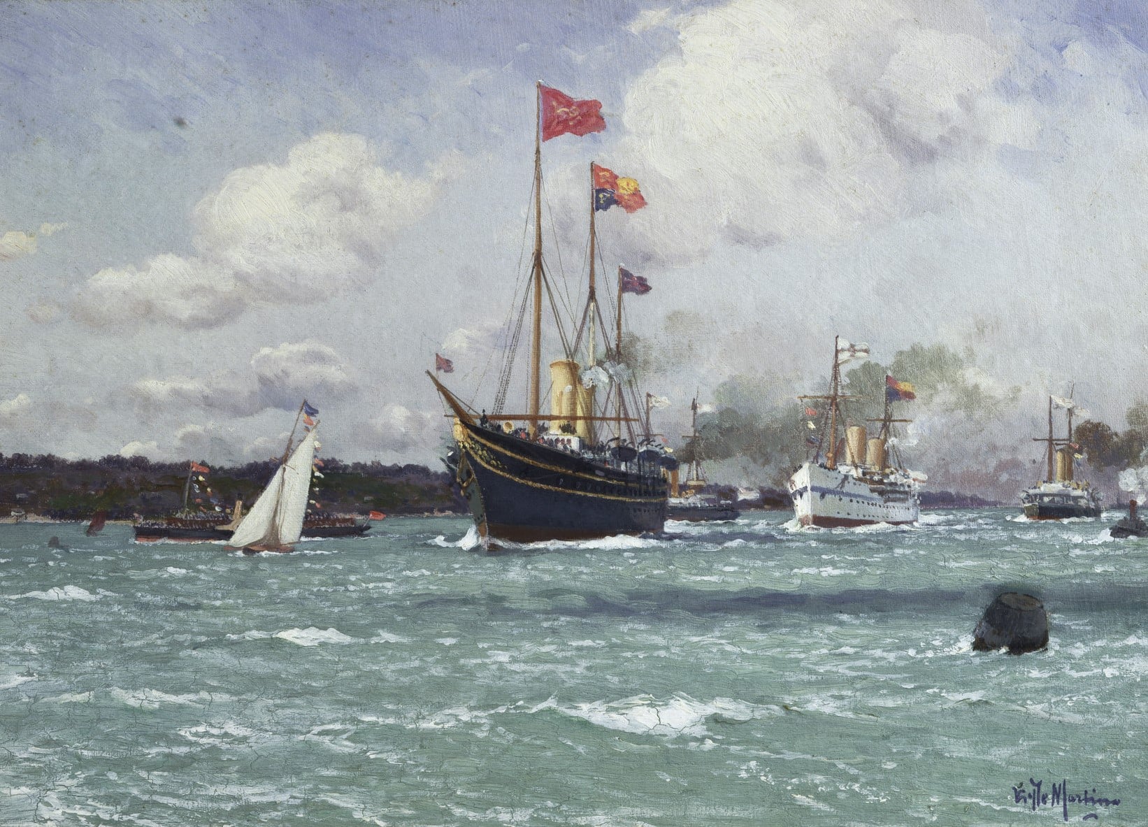 A painting showing the return of HMS Ophir, 1 November 1901 (RCIN 402065) A study depicting the return of HMS 'Ophir' on 1 November. She is led up the Solent by HMY 'Victoria and Albert III ', escorted by HMS 'St George' and HMS 'Juno'.