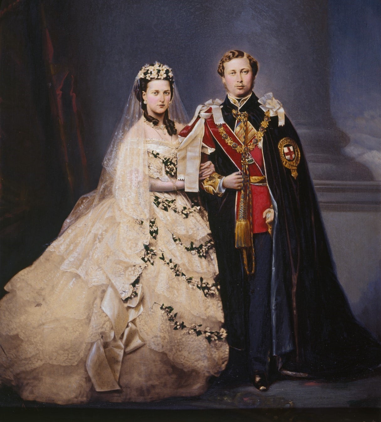 After John Jabez Edwin Mayall, King Edward VII and Queen Alexandra, when Prince and Princess of Wales, in their wedding clothes, 1863 (RCIN 2870063) A painting of King Edward VII and Queen Alexandra, when Prince and Princess of Wales, in their wedding clothes.