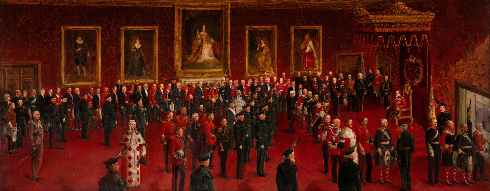 Painting of people gathered in a room filled with art and red carpet.