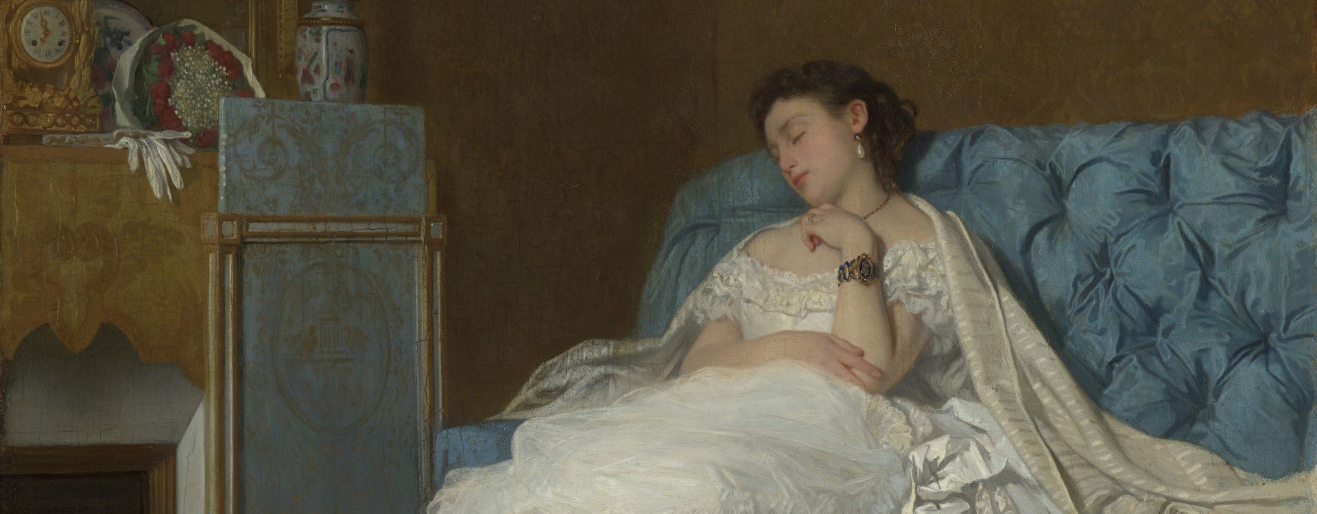 'After the Ball': a Lady in a Ballgown Asleep on a Sofa by Charles Baugniet.