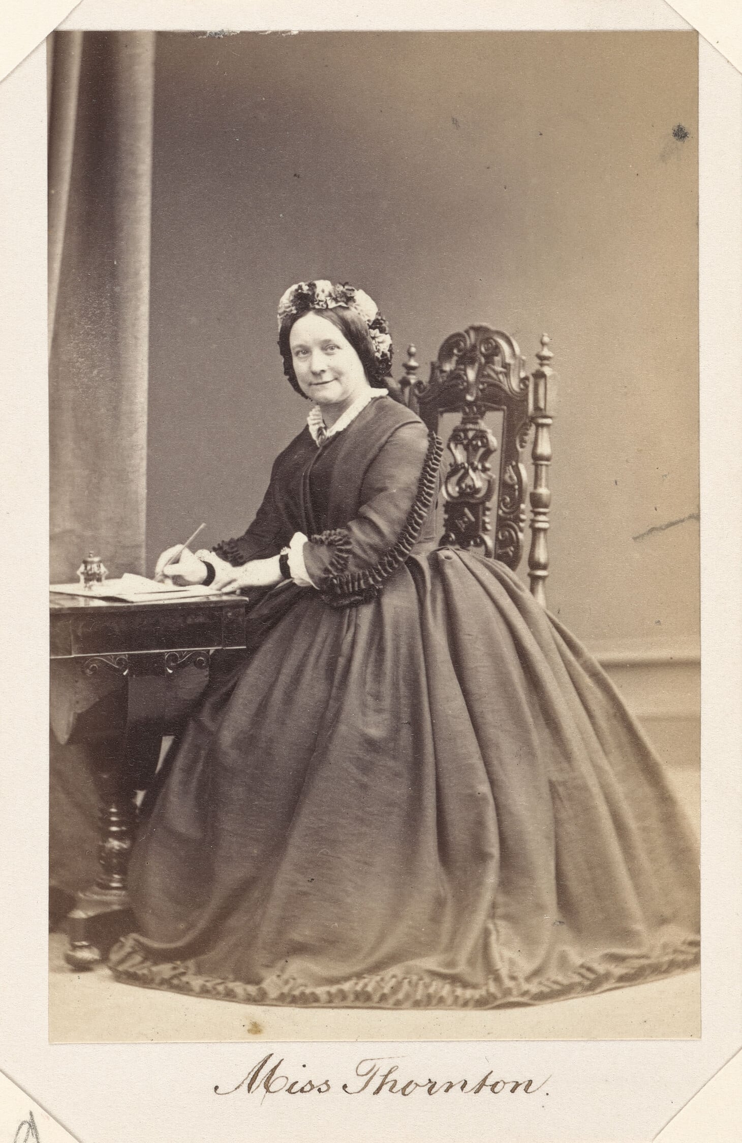 Miss Eliza Jane Thornton, Housekeeper to Queen Victoria, c. 1860-5 (RCIN 2910207) An albumen print of Miss Eliza Jane Thornton, Housekeeper to Queen Victoria from 1860-5.