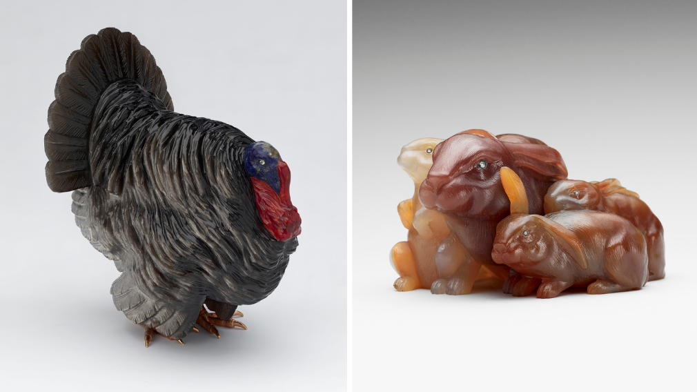 Left: Fabergé (Henrik Immanuel Wigström), Norfolk Black turkey, 1907-09 (RCIN 40446). Right: Fabergé, Doe and three baby rabbits, c. 1907 (RCIN 40409) A Norfolk black turkey carved from obsidian and a doe and three baby rabbits, carved in translucent vari-coloured dark brown agate.