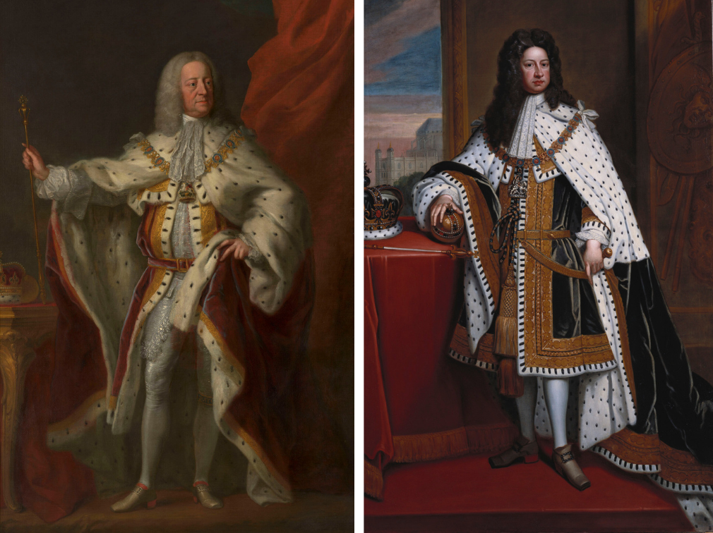 Full length portrait paintings of George III and George II. 