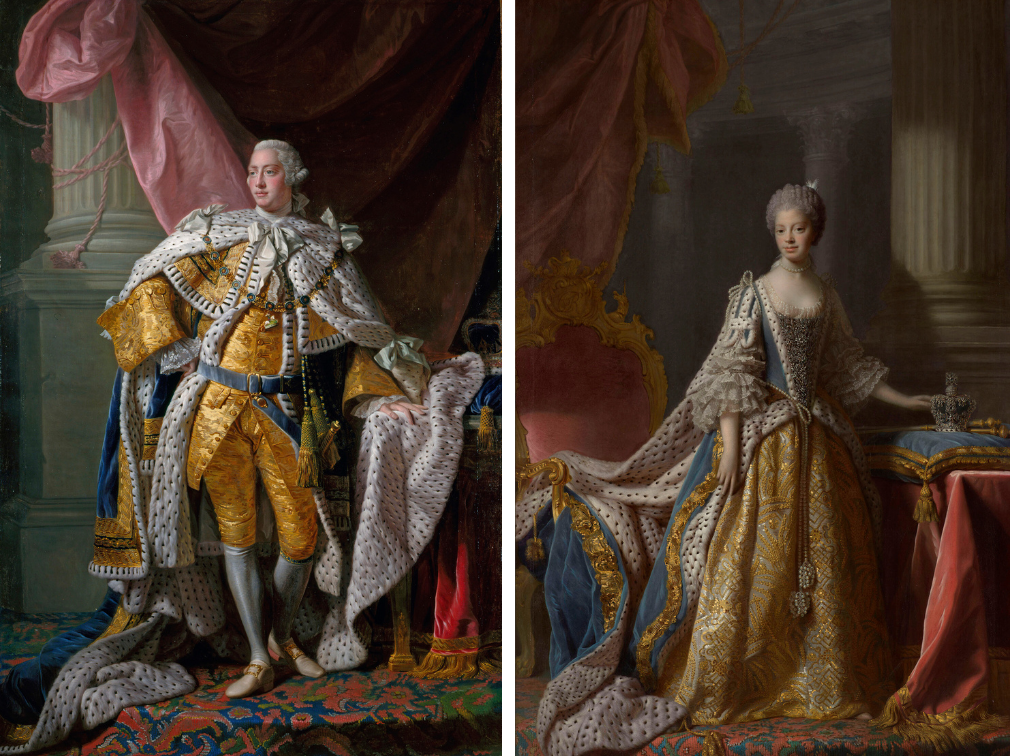 A pair of full-length portrait paintings of George III and Queen Charlotte. 