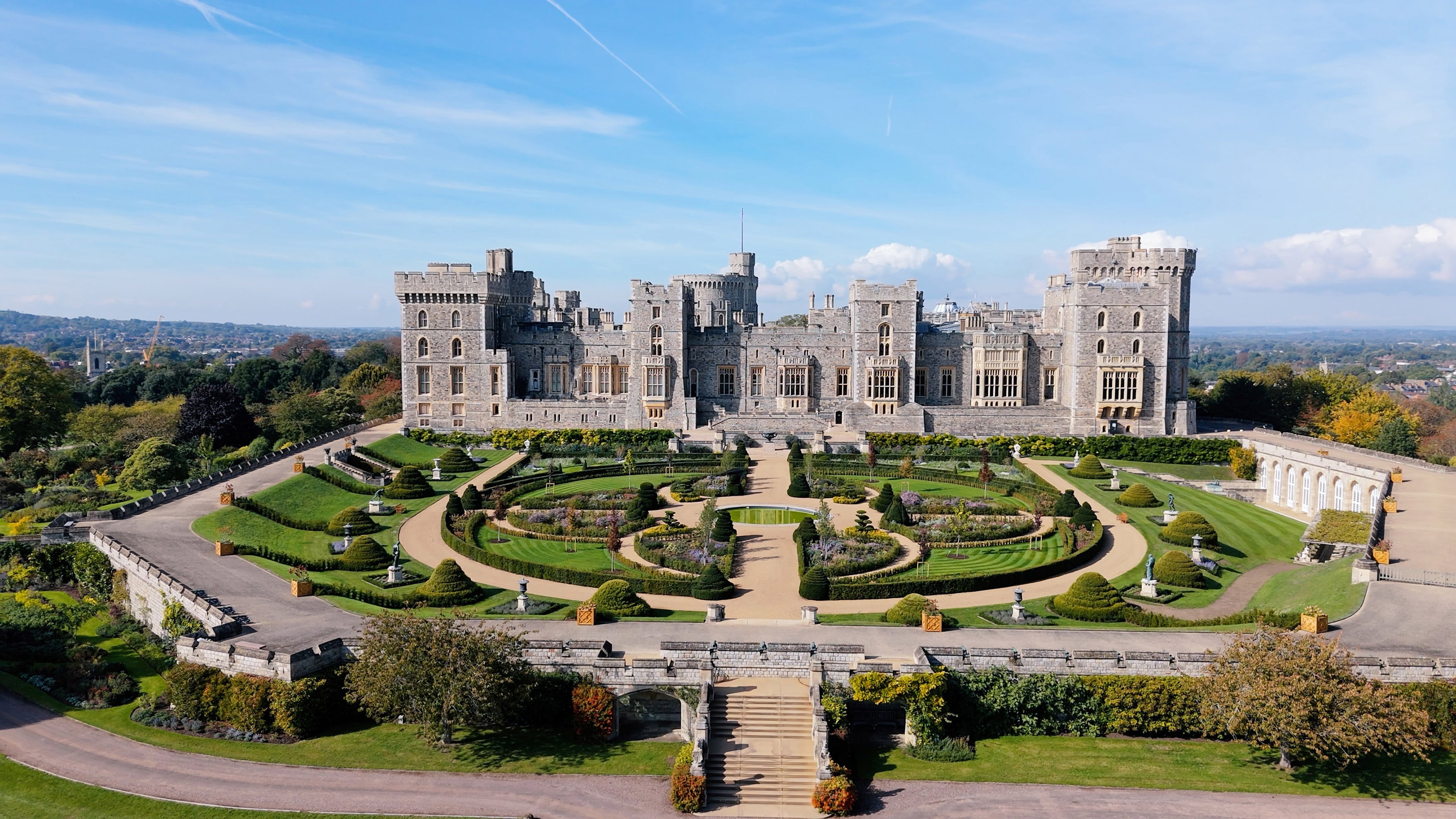 Drone photograph showing the newly transformed Venus Garden at Windsor Castle from above with the Castle in the background
