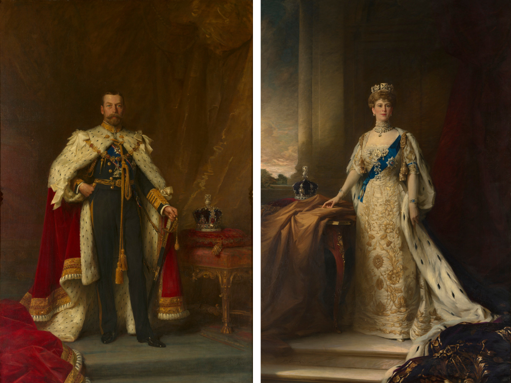 A full-length portrait painting of King George V wearing coronation robes with a backdrop of a dramatic curtain by Samuel Luke Fildes (left) and a full-length portrait painting of Queen Mary wearing coronation robes and a gown of white satin decorated in gold. 