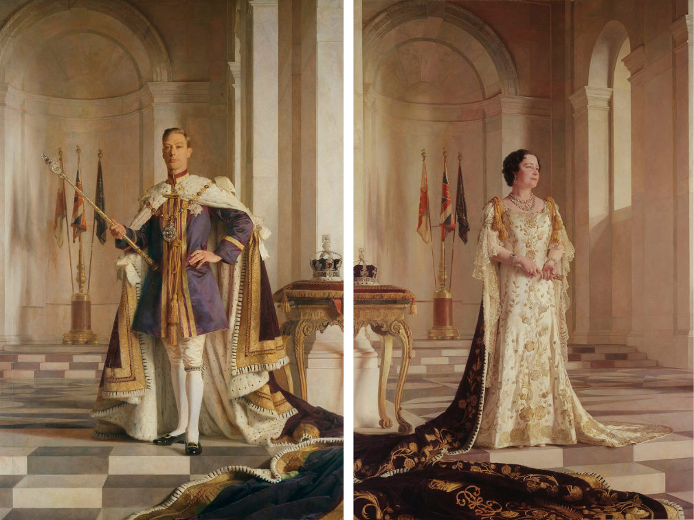 A full-length portrait of the King George VI, standing in an interior based on the Viceroy's Building, Delhi, wearing Coronation robes (left) and Queen Elizabeth wearing her coronation robes and regalia by Sir Gerald Festus Kelly.