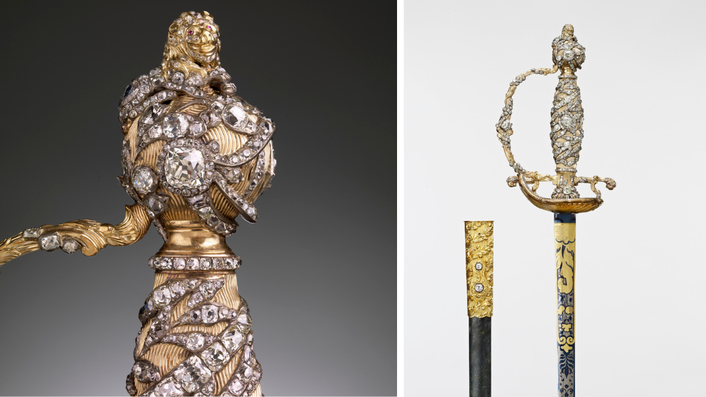 Rundell Bridge & Rundell, Small sword and scabbard, 1750 - 1820 (RCIN 67134) Ornate gold sword hilt with a helmet-shaped pommel topped by a lion, diamond-studded foliage bands, and a scabbard set with brilliant stones.