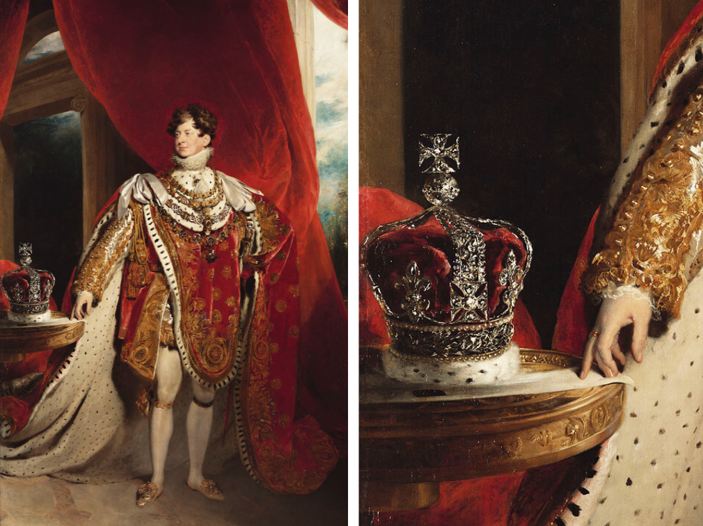 Full-length portrait painting of George IV by Sir Thomas Lawrence. George is shown in Coronation Robes, resting his right hand on the 'Table des Grands Capitaines' beside the Imperial Crown.