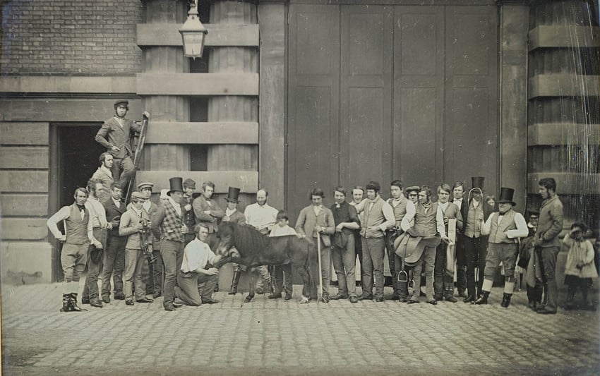 Group of Grooms with the little pony Webster taken at the Mews, Buckingham Palace, May 1848 (RCIN 2932499) Group of Grooms with the little pony Webster taken at the Mews, Buckingham Palace in May 1848.