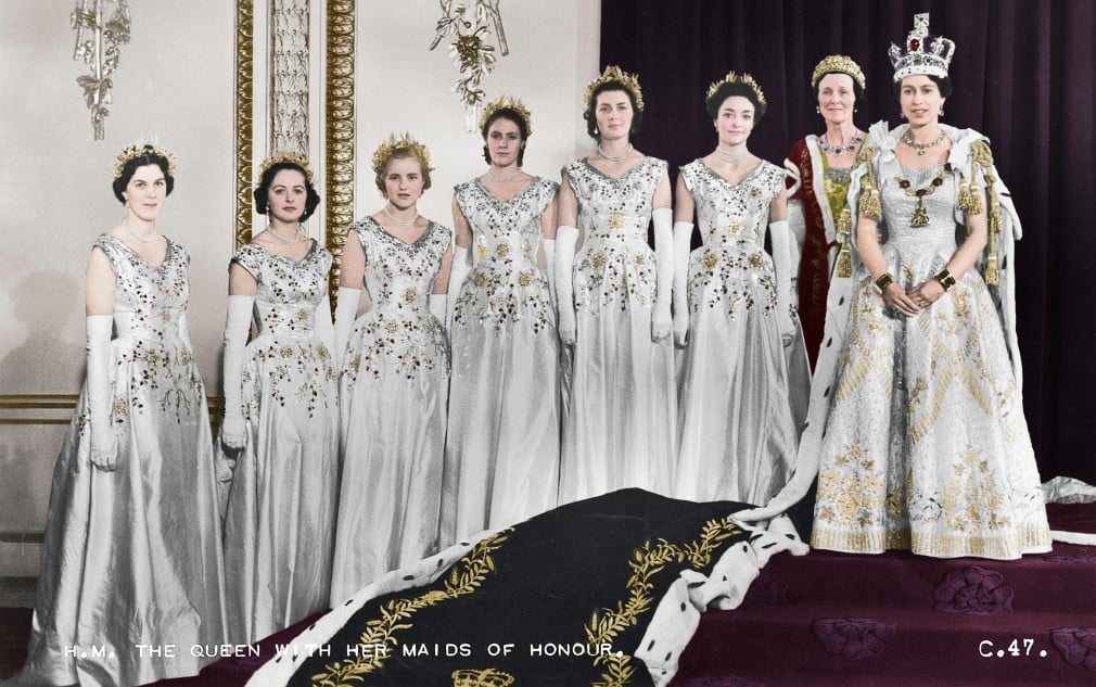 HM Queen Elizabeth II with her Maids of Honour, The Coronation, 2nd June 1953 HM Queen Elizabeth II stands in a row with 7 ladies for an official portrait after the Coronation, 2nd June 1953