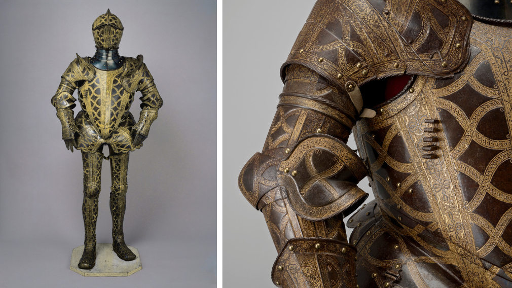 Jacob Halder, Armour garniture of Sir Christopher Hatton for the field, tourney, tilt and barriers, 1585 (RCIN 72835) Ornate Hatton armour made of blued and russeted steel, featuring etched and gilt decoration with vertical and diagonal bands, scrolls, saltires, military trophies, figures, strapwork, and heraldic roses; finished with turned and roped edges and steel and brass rivetheads.