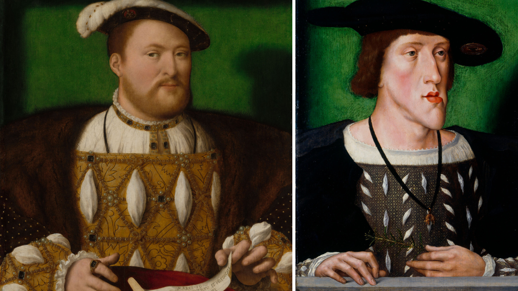 Portrait paintings of Henry VIII and Charles V in regal costume. 