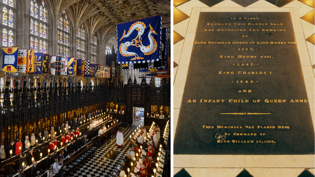 Photograph of the ledger stone marking the burial place of Henry VIII and Jane Seymour in the quire of St George's Chapel. 
