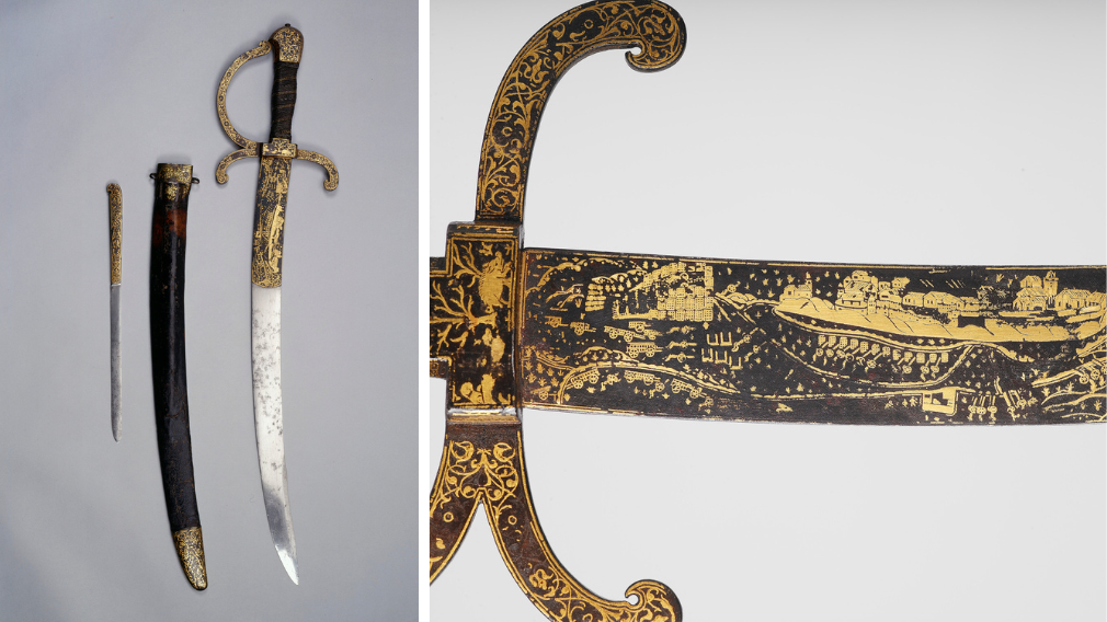 Diego De Zayas , Hunting sword, by-knife and scabbard, 1544 (RCIN 61316) Ornate hunting sword featuring a damascened hilt, a grip wrapped in silver and gold wire, and a quillon block engraved with detailed hunting scenes.