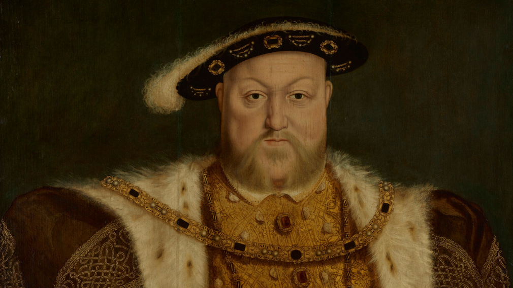 Portrait painting of Henry VIII after Hans Holbein the Younger. He wears a black bonnet decorated with jewels and a white ostrich feather.