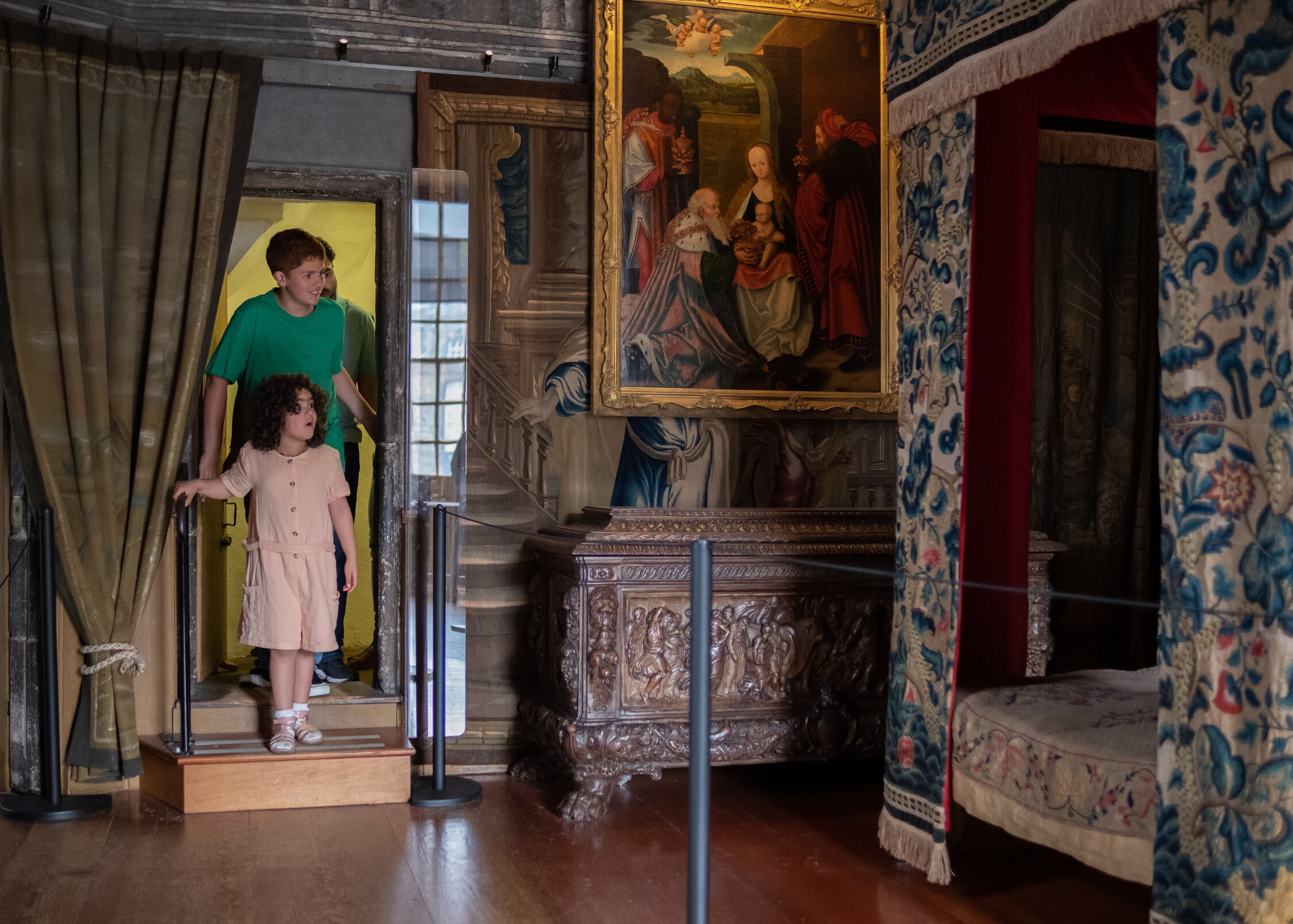 Family visit to the Palace of Holyroodhouse Children walking into Mary, Queen of Scots' Chambers at the Palace of Holyroodhouse.
