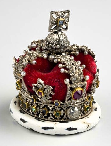 Miniature copy of the Imperial State Crown, silver inset with diamonds, rubies, sapphires, emeralds and seed pearls. Imperial State Crown RCIN 230796