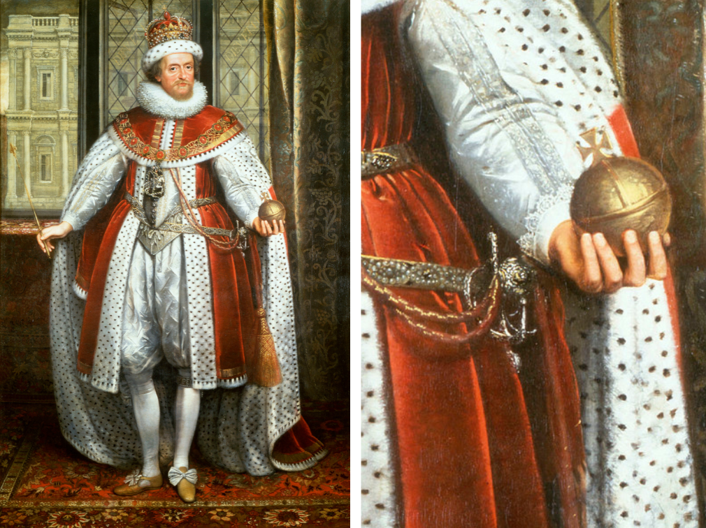 Full-length portrait painting of James VI and I by van Somer. The king is shown with the orb in his left hand and the sceptre in his right, crowned and sporting the collar and badge of the Order of the Garter. 