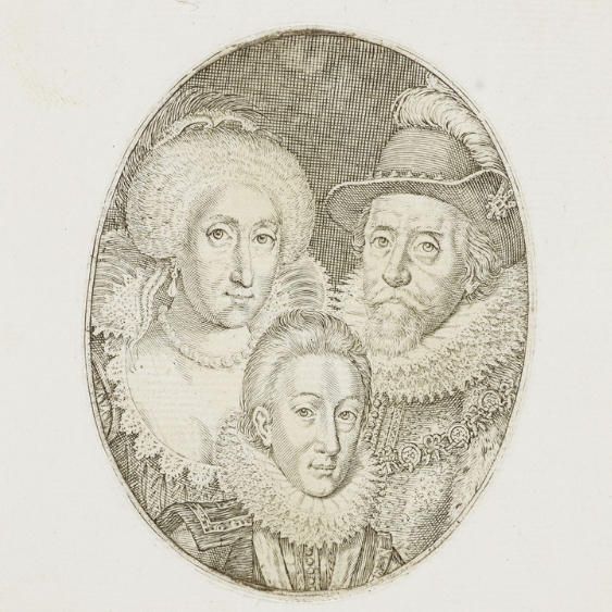 Simon van de Passe, James I, Anne of Denmark, and Charles I, c. 1750-1850 (RCIN 601477) James I, Anne of Denmark, and Charles I by Simon van de Pass.