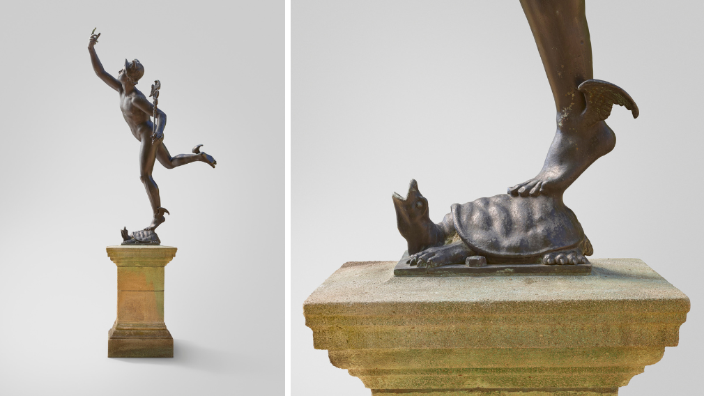 A full-length bronze statue of Mercury, painted black (much worn), wearing a winged helmet and with winged ankles, balancing on the toes of his left foot on a tortoise whose neck is held upwards to form a spout. 