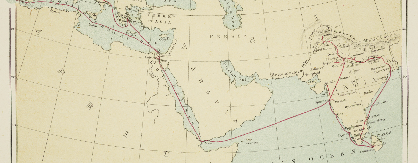 map showing route of Prince of Wales tour to India