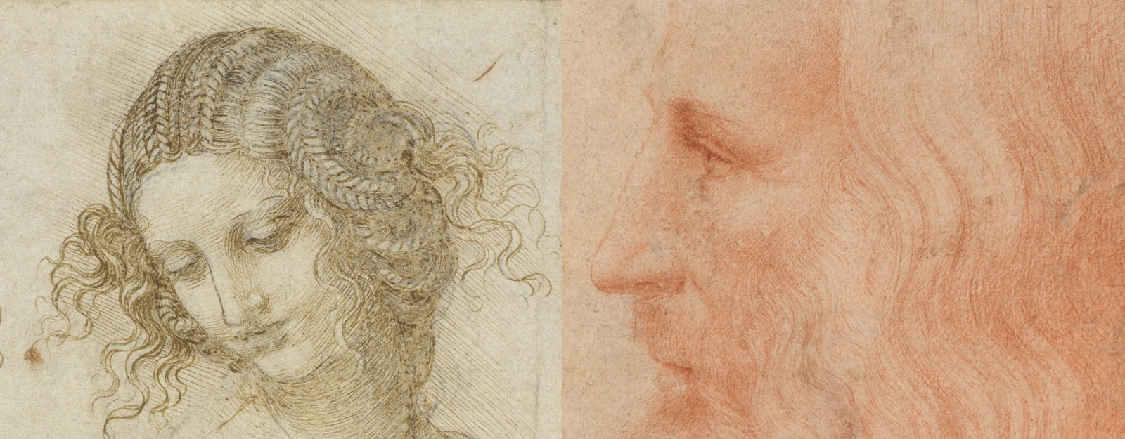 Left: The head of Leda, c.1505-8 (RCIN 912518). Right: a portrait of Leonardo attributed to Francesco Melzi, c.1515-18 (RCIN 912726) 