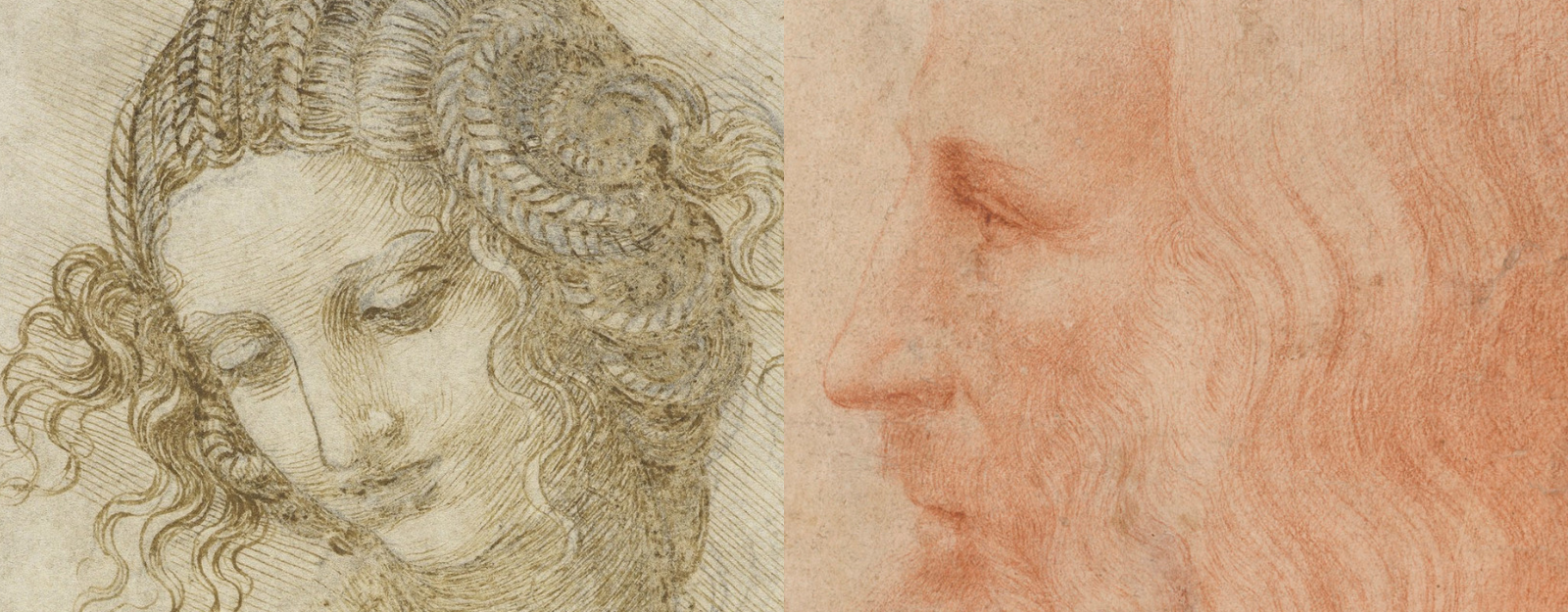 Left: The head of Leda, c.1505-8 (RCIN 912518). Right: a portrait of Leonardo attributed to Francesco Melzi, c.1515-18 (RCIN 912726) 