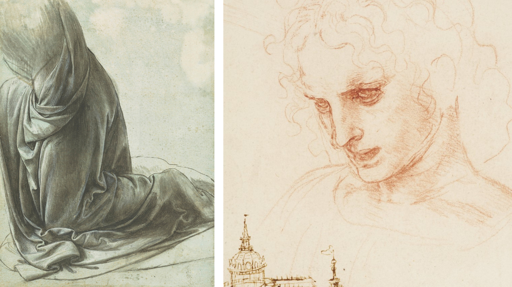 Left: the drapery of a kneeling figure, c.1491-4 (RCIN 912521). Right: the head of St James, and architectural sketches, c.1495 (RCIN 912552) Left: the drapery of a kneeling figure, c.1491-4 (RCIN 912521). Right: the head of St James, and architectural sketches, c.1495 (RCIN 912552)