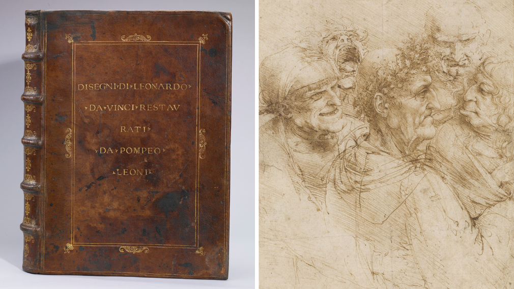 The Leoni binding (left) and A man tricked by Gypsies by Leonardo da Vinci (right).