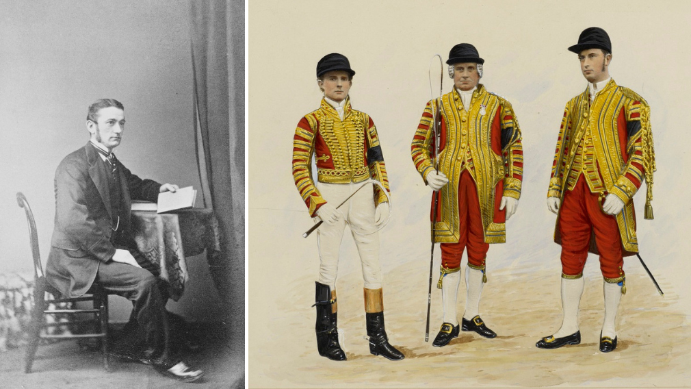 Left: William Whaley (1840-1926), 1871 (RCIN 2910043). Right: Illustrations of 'State Liveries with caps' for a postilion rider, coachman and footman at the time of Queen Victoria's Golden Jubilee, 21 June 1887. Left: William Whaley (1840-1926), 1871 (RCIN 2910043). Right: Illustrations of 'State Liveries with caps' for a postilion rider, coachman and footman.