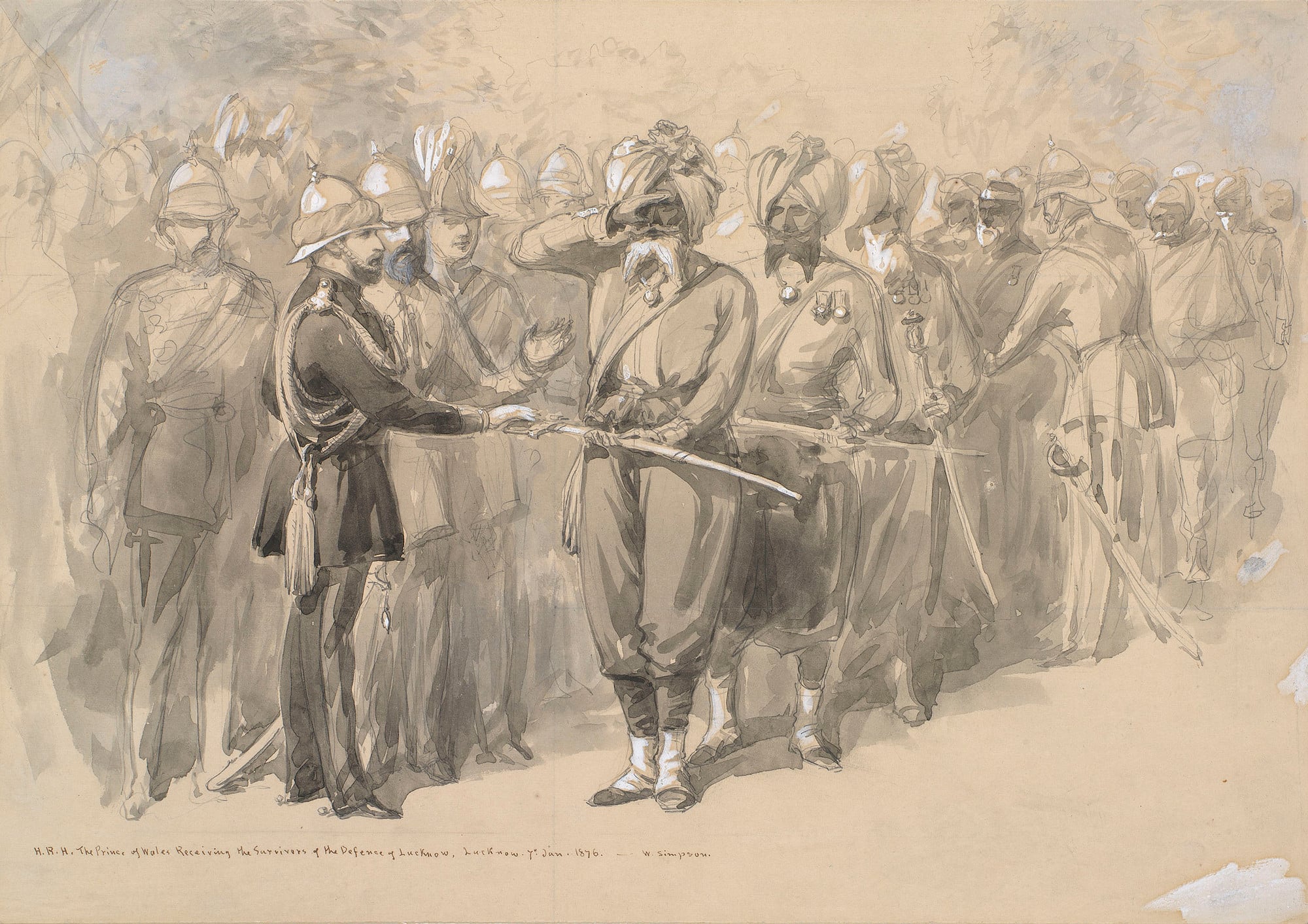 A pencil and wash drawing depicting Albert Edward, the Prince of Wales, receiving some of the soldiers who survived the Defence of Lucknow, who were presented to the Prince by Dr Fayre.