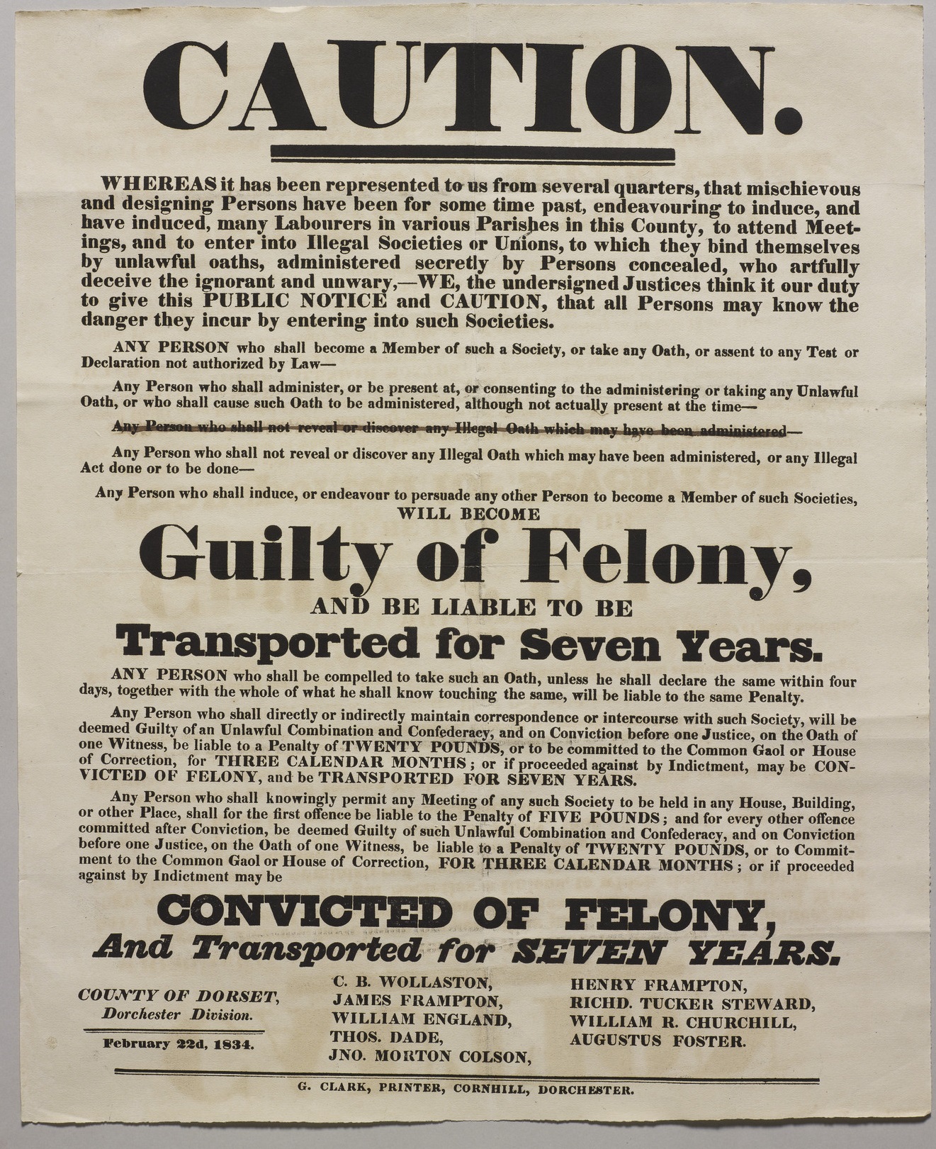 Poster issued by the Magistrates of Dorchester relating to the Tolpuddle Martyrs, February 1834. RA MP/89/106 Poster relating to the Tolpuddle Martyrs