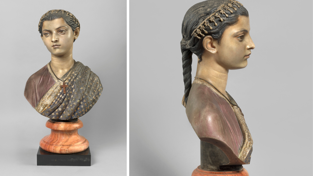 A marble bust of Princess Gouramma of Coorg painted with watercolour.